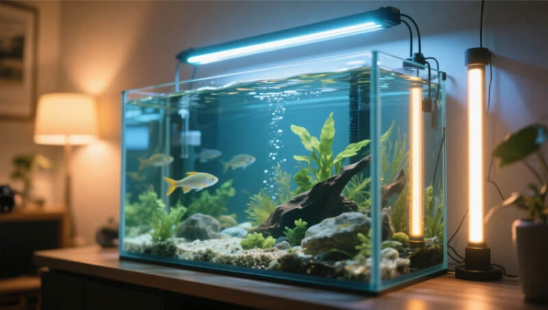a freshwater aquarium enhanced by great lighting with a mix of ambient room lighting and tank-specific LED.