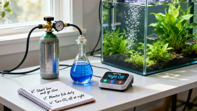 CO2 setup with drop checker, timer, and safety notes beside a planted tank.