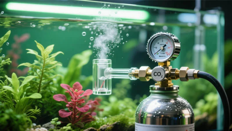Close-up of a CO2 regulator and glass diffuser in a planted tank.