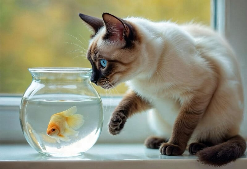 Cat curiously watches goldfish bowl.