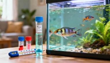 A freshwater aquarium with clear water and tropical fish in the foreground
