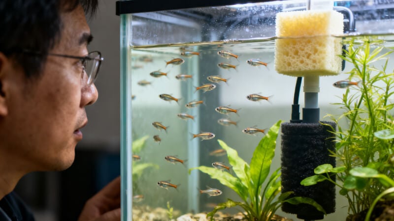 Aquarium fry nursery tank showing population growth after successful spawn