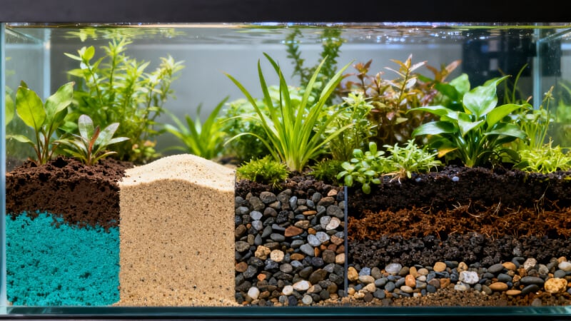 Comparison of planted aquarium substrate types including sand, gravel, and aqua soil