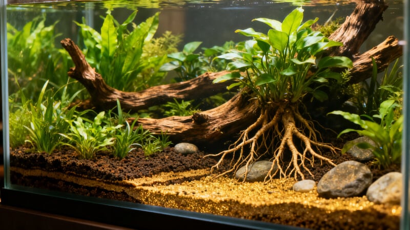 Healthy planted aquarium with nutrient-rich substrate and lush aquatic plants