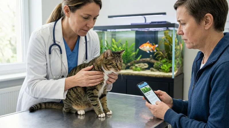 Veterinarian checking a cat after possible exposure to aquarium water and fish tank chemicals.