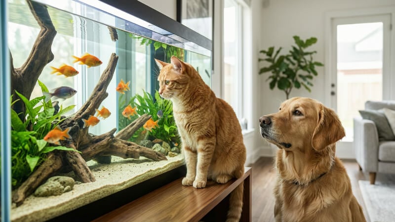 Curious cat and dog sitting beside a freshwater fish tank in a modern home aquarium setup.