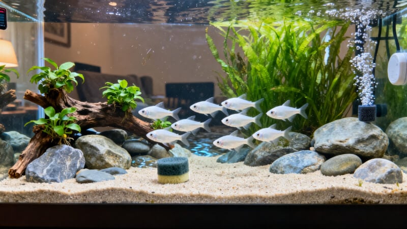 20-gallon long no-heater freshwater aquarium with twelve White Cloud Mountain Minnows swim loosely through the open center above fine natural sand