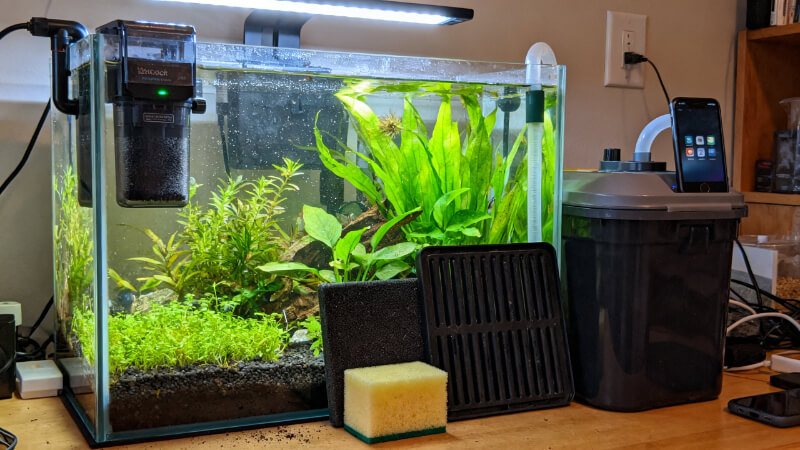 a freshwater aquarium filter comparison in a home fish room, a small sponge filter, hang-on-back filter, internal filter, undergravel plate