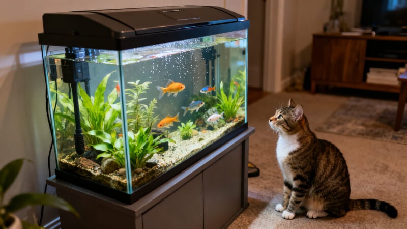 House cat safely watching fish through the glass of a covered planted aquarium
