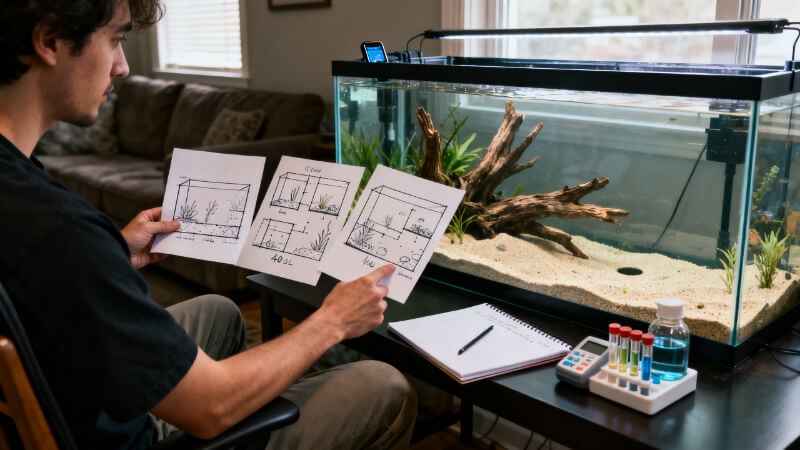 a person sitting on a chair and comparing three printed aquarium stocking plans beside a real 40-gallon breeder aquarium, the aquarium partially planted with sand, driftwood, and open swimming space but not yet stocked, water test kit and notebook on table.