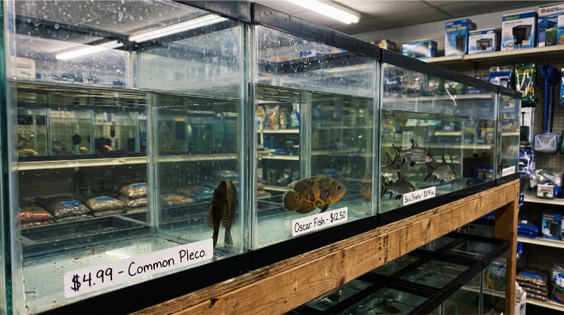 Juvenile pleco, Oscar, and bala shark displayed in small pet store aquariums