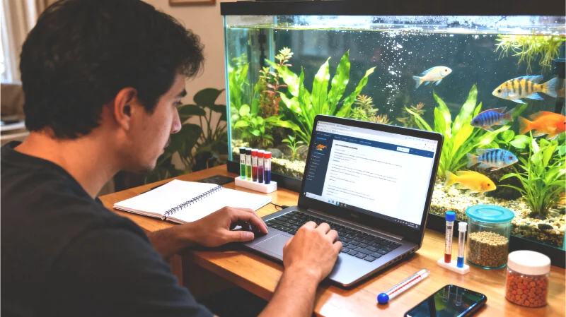 Aquarium owner comparing fish care information on a laptop beside a freshwater aquarium