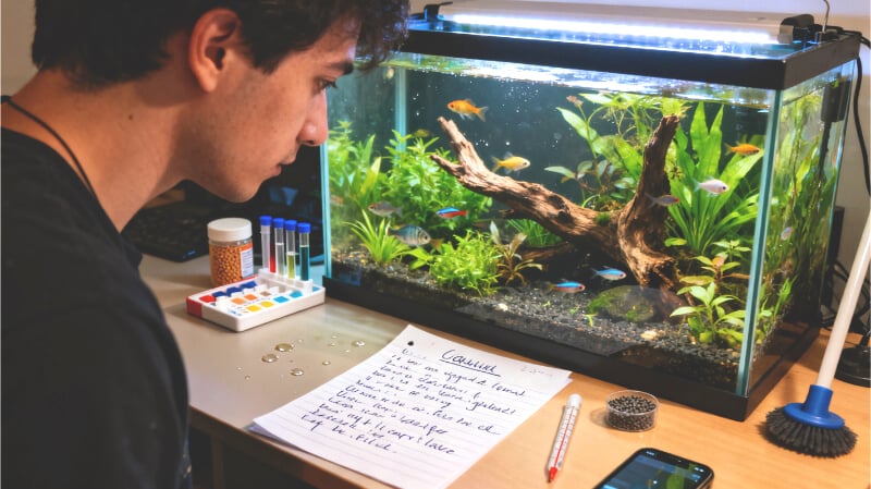 Freshwater aquarium owner comparing handwritten fishkeeping rules beside a healthy tank