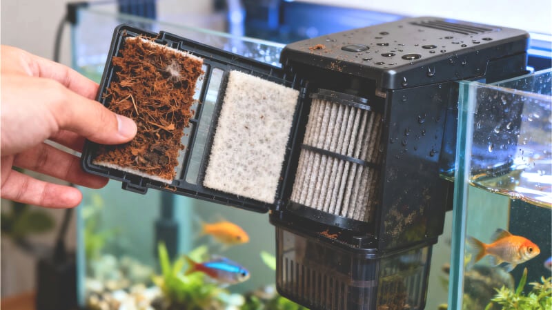 Aquarium filter opened for maintenance with used biological media and mechanical filter pads visible